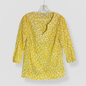 Boden Size 6R Yellow Floral Blouse Embroidered Stitch 3/4 Sleeve V-Neck Casual